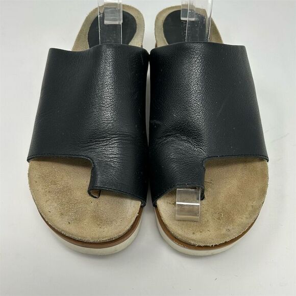 Josef Seibel Black Leather Wedge Toe Loop Sandals Size 38 Cushioned Footbed - Picture 6 of 13